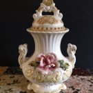 vtg Italian Capodimonte Double Handle Lidded Urn Floral Roses Vase Centerpiece