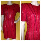Vtg 80s Laurence Kazar Red Silk Beaded Cocktail Evening Occasion Dress S