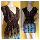 Lily White Satin Mini Dress V Neck Brown Green Blue Paisley Print  M