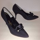 Antonio De Poalo Vtg 50s Black Fabric Pearl Bow Trim Heels Pumps Pinup Kitten 6