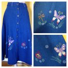 Vtg 80s Long Denim Jean Skirt Button Front Butterfly Ladybug Dragonfly Design S