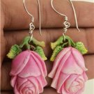 Hand Carved Rose Flower Natural Buffalo Bone 925 Silver Hook Jewelry Earrings