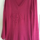 Athleta L Pink V-Neck Tunic Sweater Applique Flare Sleeve Soft Touch of Cashmere