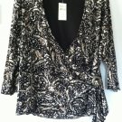 Coldwater Creek M Stretchy Mesh Print Ballet Wrap Top Black/Ivory Side Tie NWT