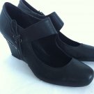 Antia 9 M Black Leather 3-Inch Wedge Heel Mary Jane Granny Shoes Side Tie