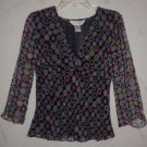 Allison Taylor Sz 8 100% Silk Shell Top Black W/ Colorful Circles Sheer Sleeves