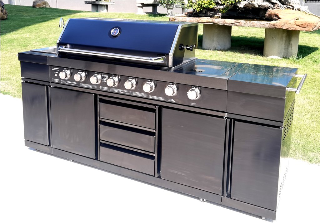 3 in 1 Black Stainless Steel Outdoor BBQ Kitchen Island Grill Propane LPG w/ Sink