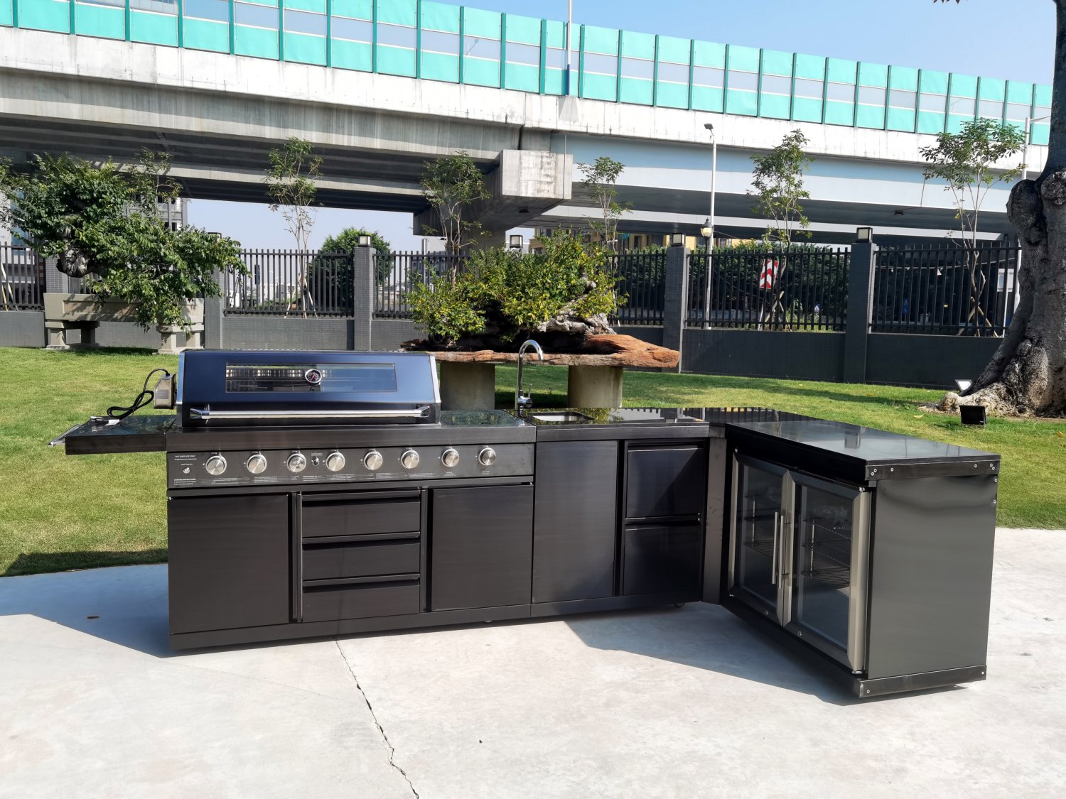 4 Piece Island Bbq Outdoor Grill Black Stainless Steel With Double Refrigerator Sink And L Shape 4746