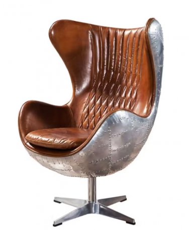 Aviator Mid Century Modern Classic Jacobsen Style Egg Lounge Chair Brown Leather Aluminum