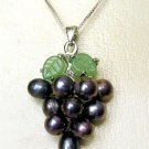 Black Cultured Pearl Grape Cluster Jade Leaf 925 Silver 18" Chain Necklace BOXED