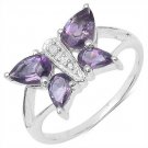 Amethyst & Diamond Butterfly Sterling Silver Ring   UK O US 7  Rhodium Plate