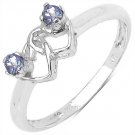 Tanzanite Double Love Hearts Sterling Silver Promise Ring   UK O  US 7  Rhodium Finish