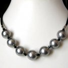 7 Grey 14mm Shell Pearl 17" Black Velour Cord Necklace   Magnetic Clasp