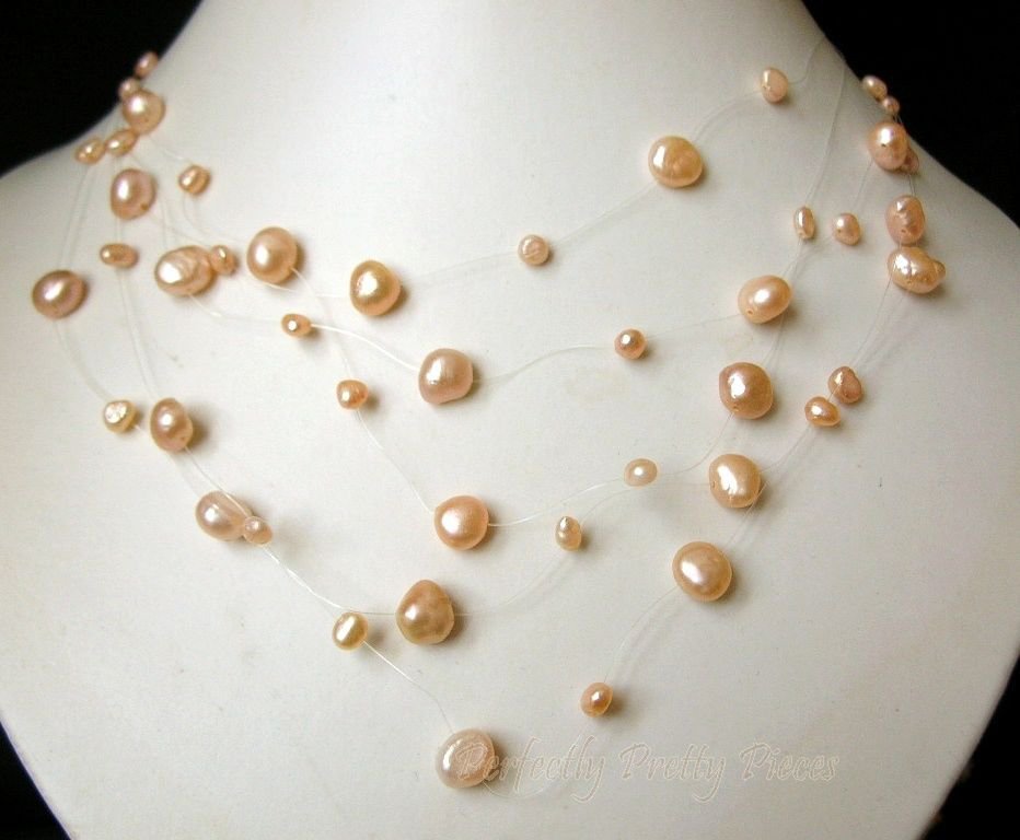 Floating 5 Row Invisible Wire Pink Peach Baroque Pearl Necklace  17"  43cm