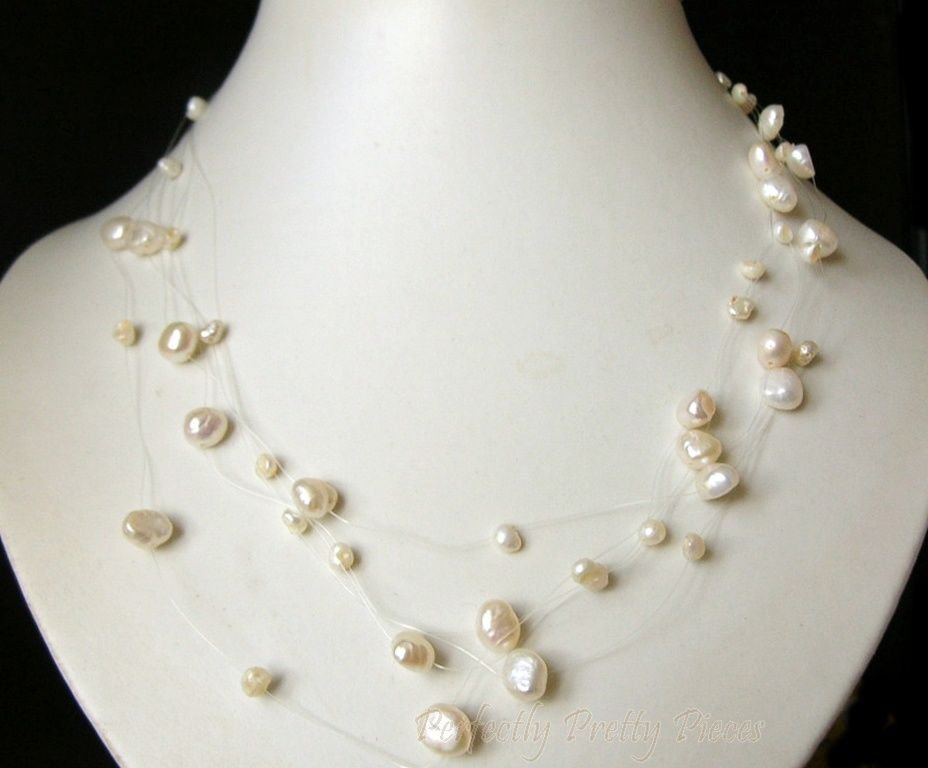 Floating 5 Row Invisible Wire White Baroque Pearl Necklace  17"  43cm  ~ WEDDING