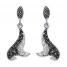 Marcasite & Cubic Zirconia 925 Sterling Silver Earrings 1.5" drop Rhodium Finish