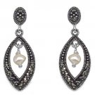 Genuine Marcasite & Pearl 925 Sterling Silver Earrings    1" drop Rhodium Finish