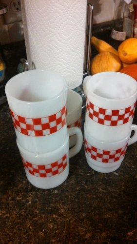 vintage red white checker milk glass mugs 5 lot plaid design ovenproof rp co