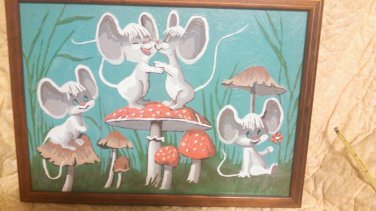 mouse mushroom toad stool vintage paint by number painting in frame 11 x 15