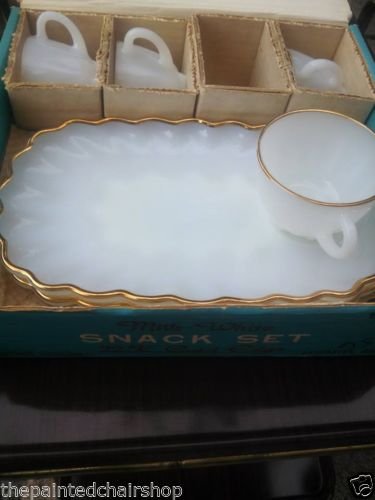 vintage snack set by anchor hocking glass original box 22k gold edge milk white