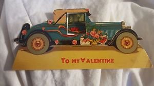 Vintage Antique old car roses Valentine's Day Card Ephemera