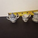 MINI DOLLHOUSE BLUE/WHITE 5 pc COFFEE/TEA SET~SUGar, lid CREAM CUP SAUCER