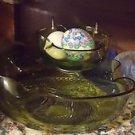 Vintage Indiana Glass Chip and Dip Serving Bowls Green with stand for dip