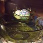 Vintage Indiana Glass Chip and Dip Serving Bowls Green with stand for dip