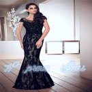 New Long Black Applique Backless Evening Dress Formal Prom Gown Party Pageant