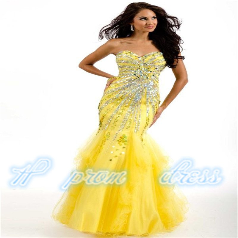 Luxury Mermaid Yellow Bead Sequines Lady Pageant Dress Evening Party Prom Gown