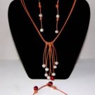 Pearl and Leather Necklace Bracelet and 14 K GP Earrings Brianna Collection ~~~