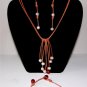 Pearl and Leather Necklace Bracelet and 14 K GP Earrings Brianna Collection ~~~