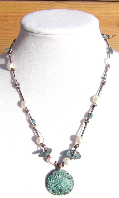 Freshwater Pearls and Leather Necklace Greek Green Patina Sand Dollar ...