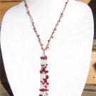 Knotted Leather Necklace Glass Beads Silver Plated Belled Pearl Charm Red Boho 524 ~~~