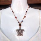 Sea Turtle Necklace on Knotted Hemp and Leather with Glass Beads N605 Beachy ~