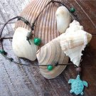 Green Patina Sea Turtle Necklace on Knotted Leather with Glass Beads N606~~