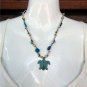 Green Patina Sea Turtle Necklace on Knotted Leather with Glass Beads N607~~