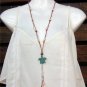 Green Patina Sea Turtle Necklace on Knotted Leather Pearl Cluster Shell N608~