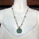Sand Dollar Necklace on Knotted Hemp Freshwater Pearls Green Patina N613 ~~~~~
