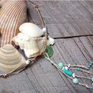 Pearl and Leather Necklace Sea Glass Green Patina Sea Shells Beach N635 ~