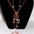 Pearl and Leather Necklace Bracelet and 14 K GP Earrings Mandy Collection ~~~
