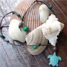 Green Patina Sea Turtle Necklace on Knotted Leather with Glass Beads N606~