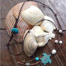 Sea Turtle Necklace on Knotted Leather Freshwater Pearls Turquoise Bead N614 ~