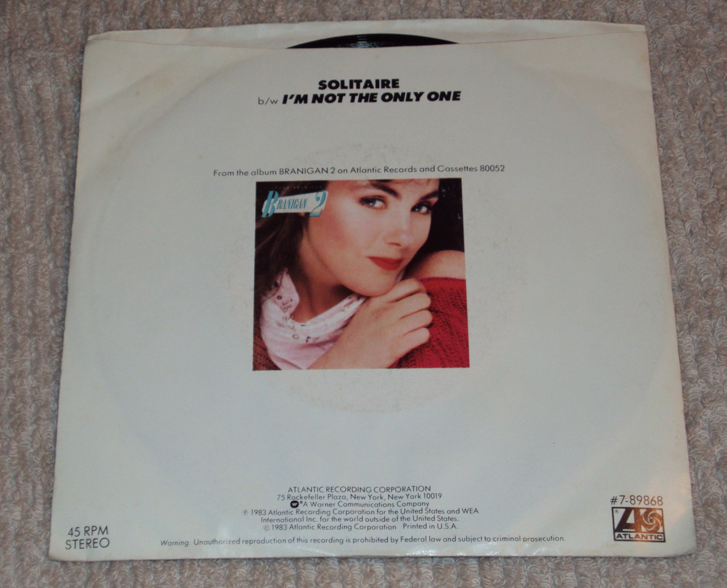 Laura Branigan Solitaire/I'm Not The Only One 7" Picture Sleeve 45RPM Record