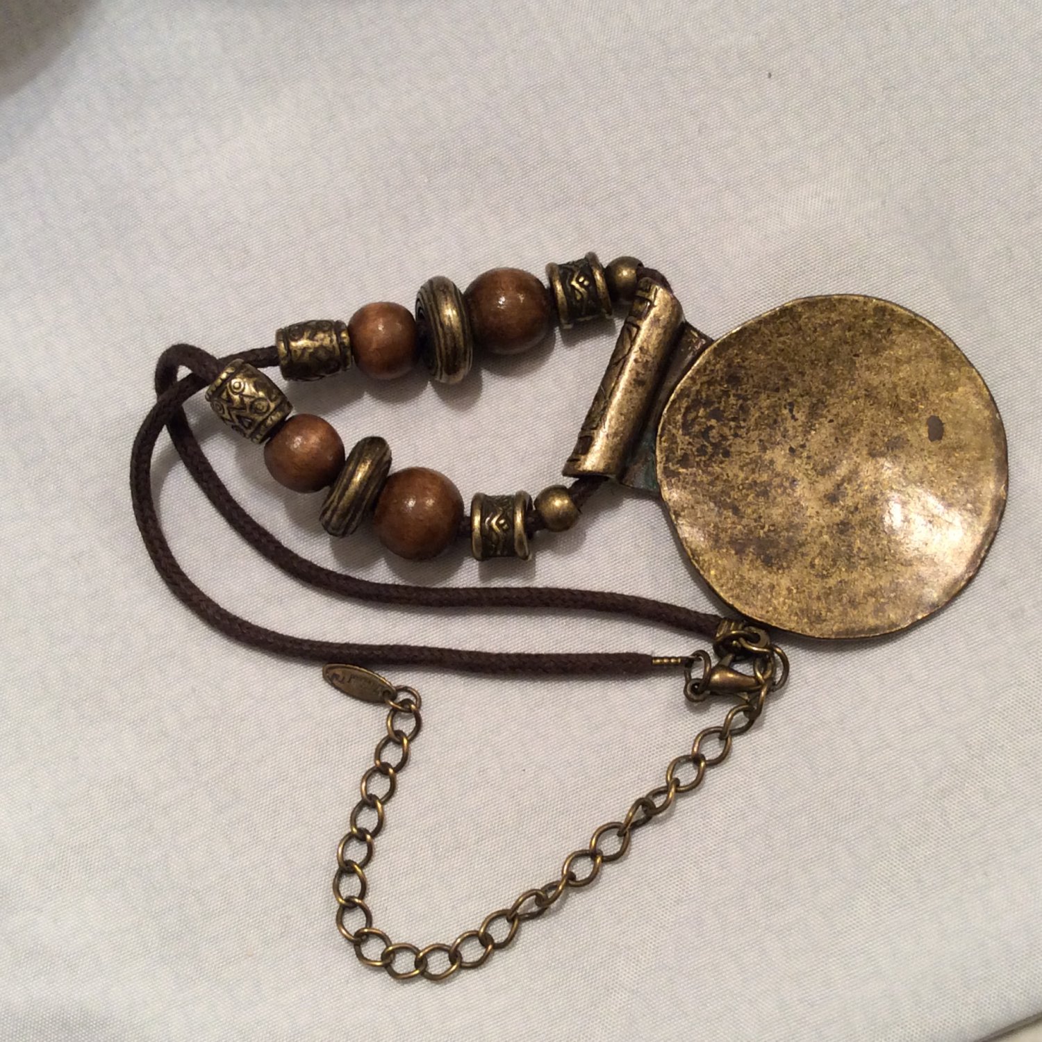 Brass Bulla with Brass and Wood Beads Adjustable Necklace, VCLM TM