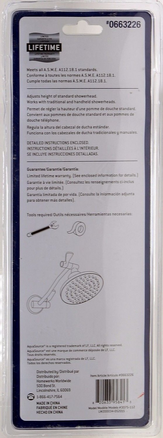 Extension Shower Arm AquaSource Adjustable Chrome Finish 0663226