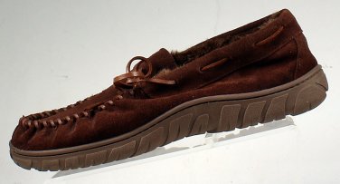 CHAPS Genuine Suede Leather Brown Moccasin Slippers MEN sz L (9.5-10.5) Shoes