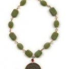 Green Jade and Carnelian Necklace - Featuring Bronze Oriental Pendant
