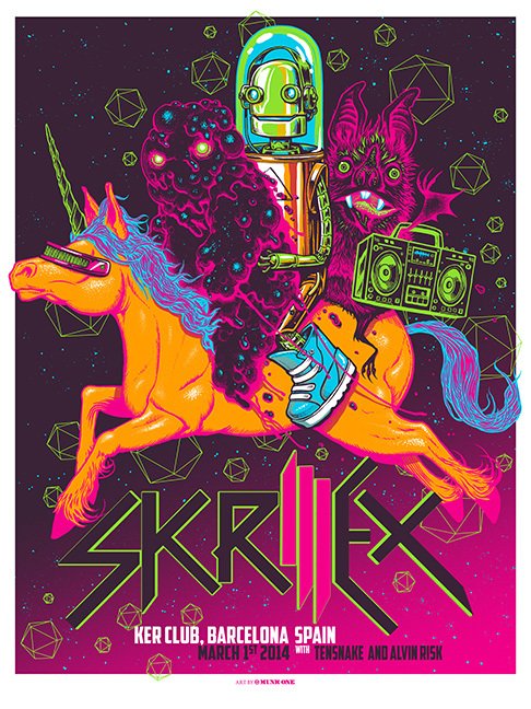 Skrillex 2014 Barcelona Spain Poster Munk One Signed Screen Print #d AP Dubstep