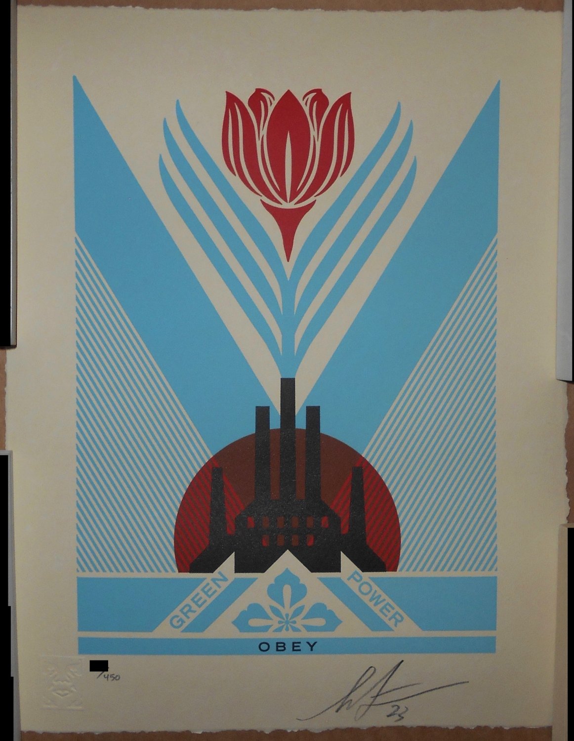 Shepard Fairey Green Power Factory Letterpress Print Signed #/450 Blue Red OBEY
